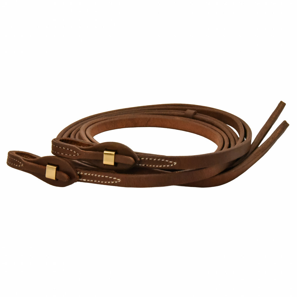 Oiled Harness Leather Brass Quick Change Split Reins - 5/8in x 8ft