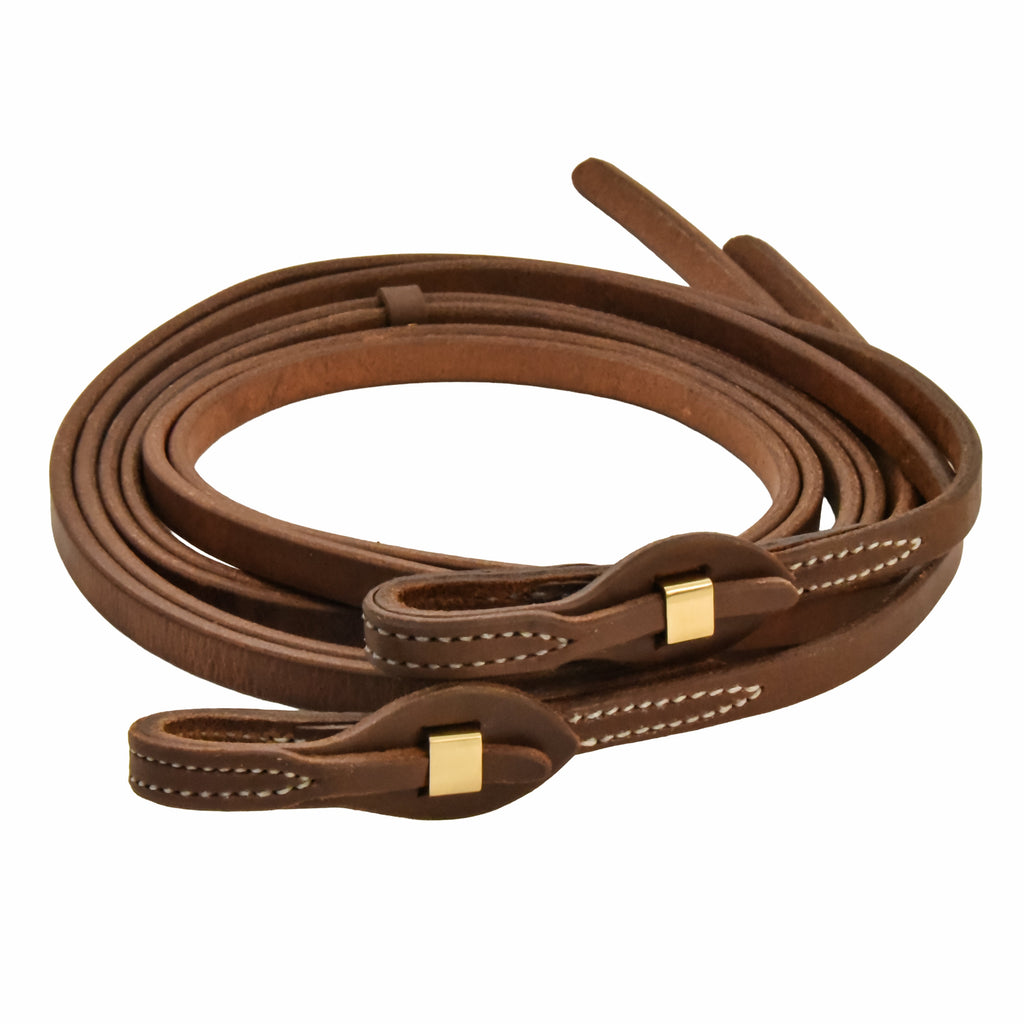 Oiled Harness Leather Brass Quick Change Split Reins - 5/8in x 8ft