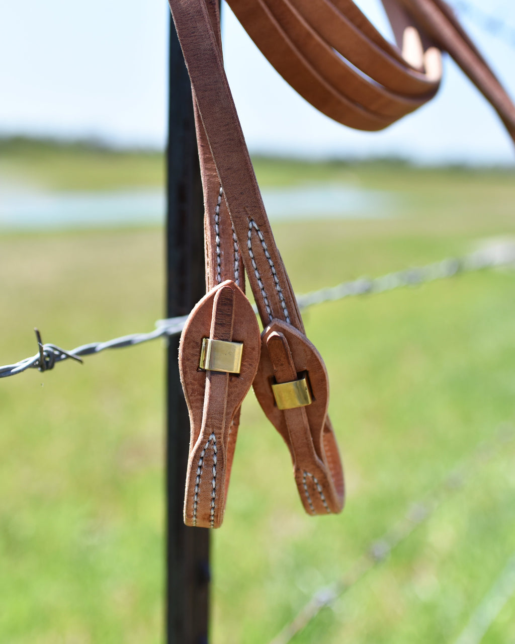 Harness Leather Brass Quick Change Split Reins - 5/8in x 8ft